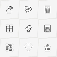 Online Shopping line icon set with money, bar code and calculator