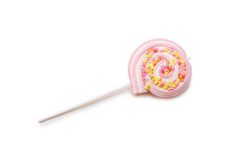 round marshmallow candy on stick on white background