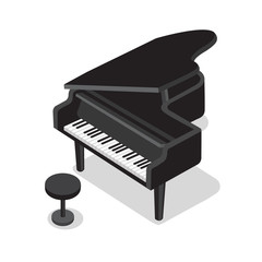 Black piano and black stool on white background. Classical piano musical instrument. Cute flat cartoon style. Vector piano illustration © mejorana777