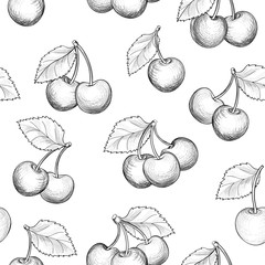 Fresh cherry seamless pattern. Summer berry food sketch backgrou