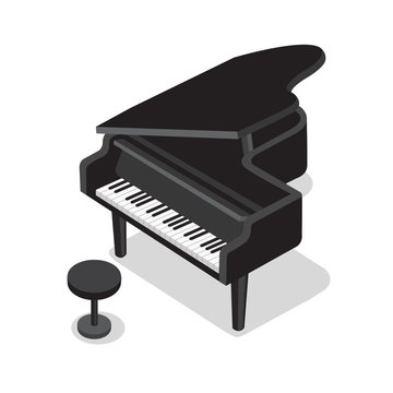 Black piano and black stool on white background. Classical piano musical instrument. Cute flat cartoon style. Vector piano illustration