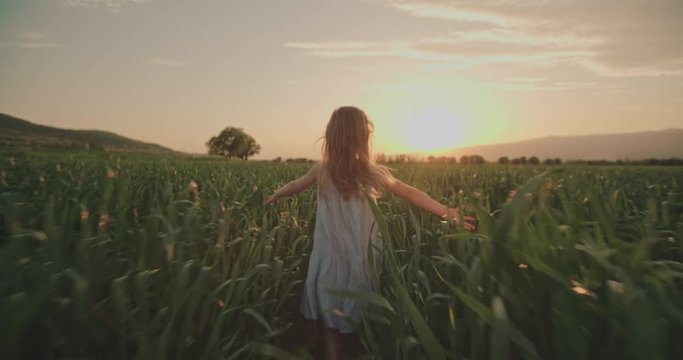 Cute little caucasian kid running through summer or spring field in the sunset and laughing 4k