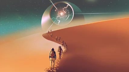 Poster de jardin Grand échec personnes marchant dans un désert jusqu& 39 au bâtiment mystérieux, style art numérique, peinture d& 39 illustration