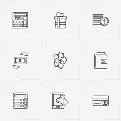Online Shopping line icon set with calculator, online purchase and wallet