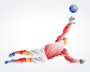 Goalkeeper jumping to catch the ball made of colorful brushstrokes on light background