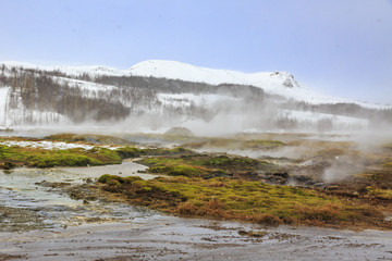 Geothermal landscape Strokkur Geysir, Iceland in Winter