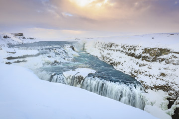 Gullfoss waterfalls in winter located along the golden circle route, Iceland