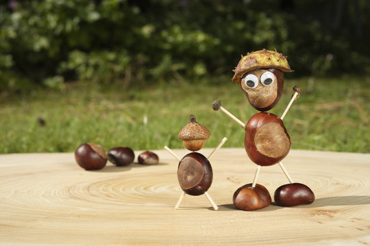 Funny human shape character or figurine made with chestnuts on a wooden background in a sunny day