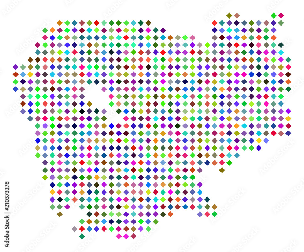 Poster multicolored dotted cambodia map. vector concept of cambodia map composed of rhombus elements grid. 