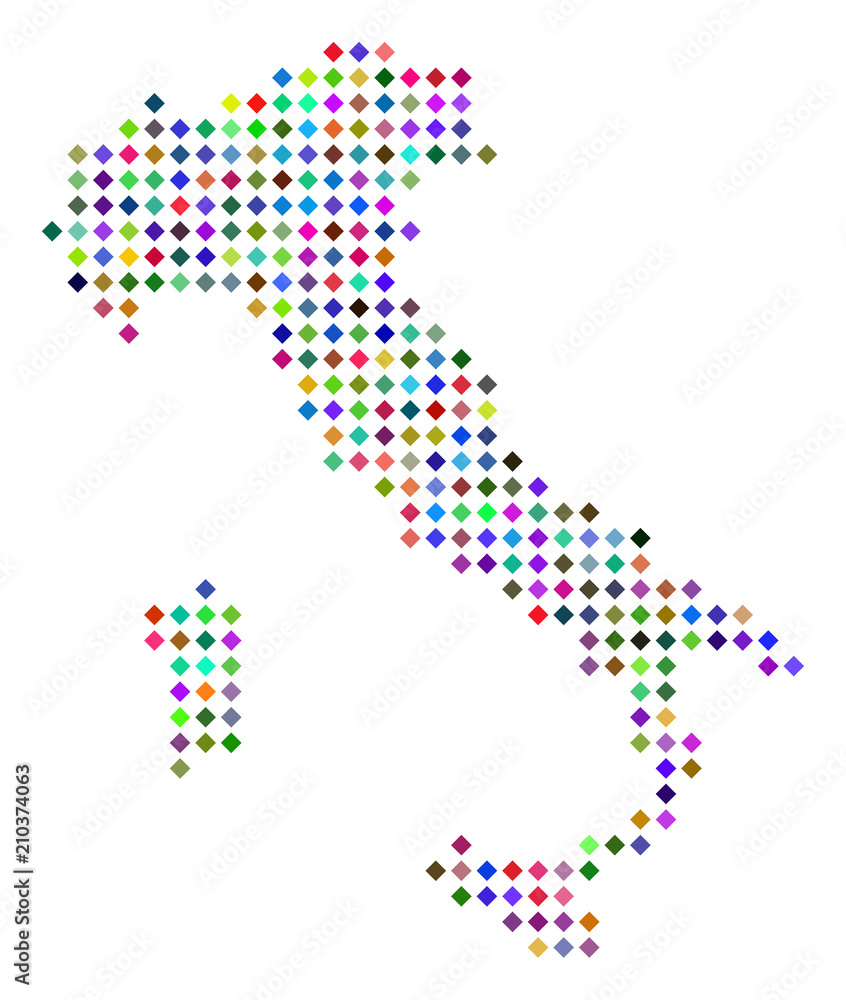 Poster multi colored dotted italy map. vector abstraction of italy map designed of rhombus points grid. abs