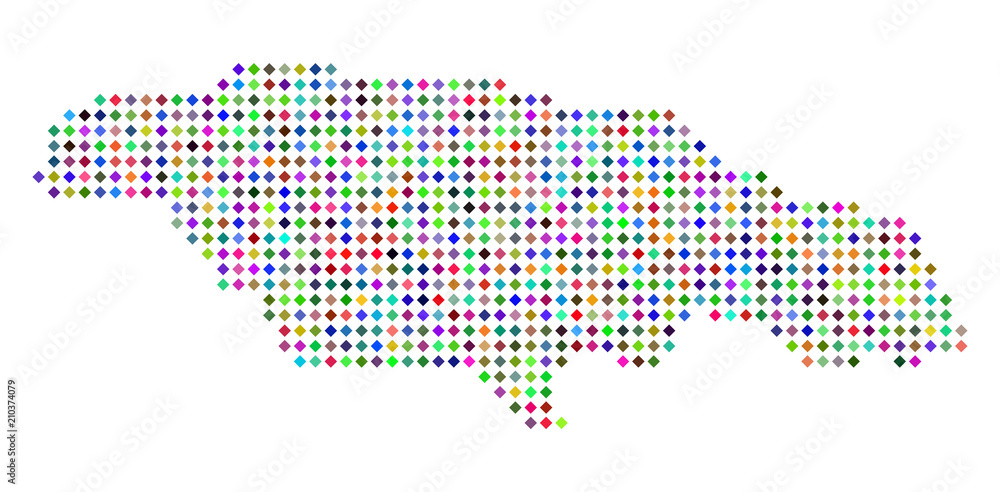 Poster multi colored dotted jamaica map. vector concept of jamaica map designed of rhombus points pattern. 