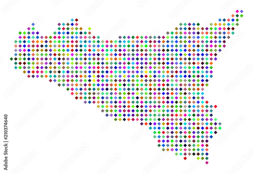 Poster multi colored dotted sicilia map. vector abstraction of sicilia map created of rhombus points grid. 