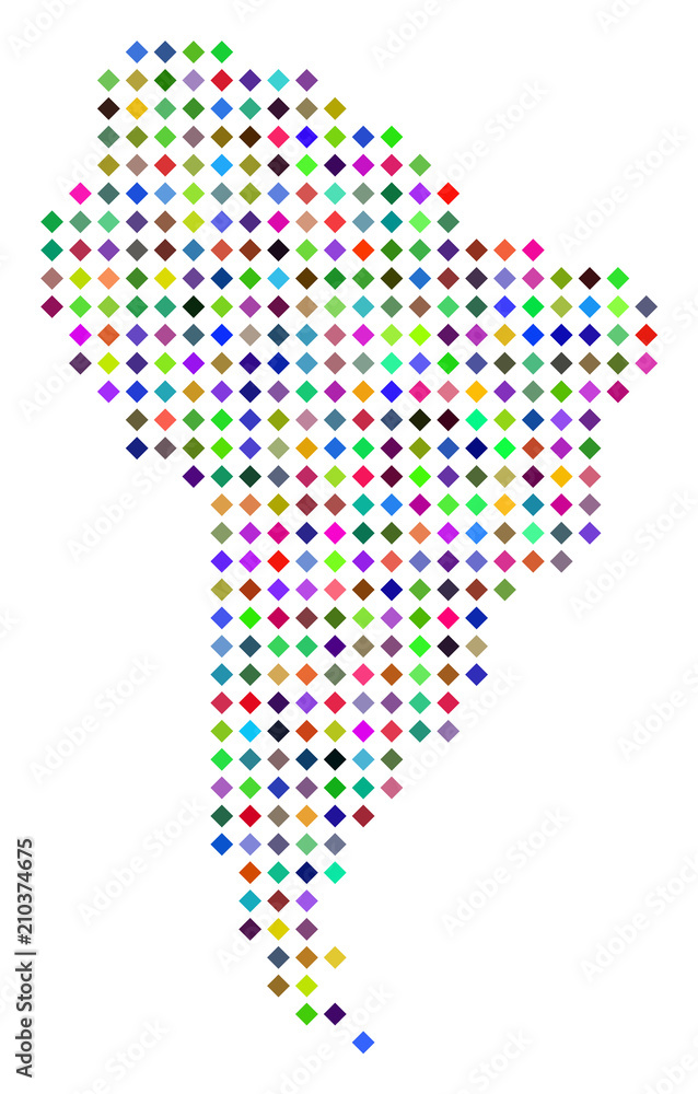 Poster multi colored dot south america map. vector abstraction of south america map composed of rhombus dot