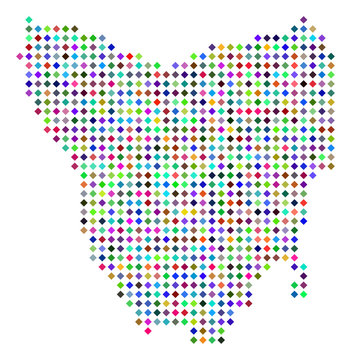 recommend clip art: Multicolored dot Tasmania Island map. Vector concept of Tasmania Island map done of rhombus pixels mosaic. Abstract geographic pixelated scheme in randomized colors.