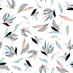 Seamless pattern of watercolor and graphic leaves. Delicate pastel colors on a white background.