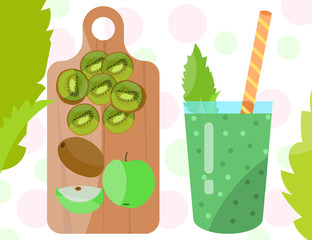 Flat designed smoothie with kiwi and green apple on a wooden cutting board 