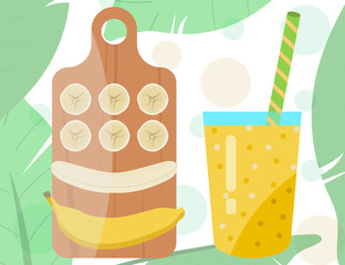 Flat designed smoothie with banana on a wooden cutting board 