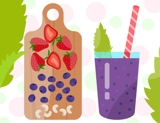 Flat designed smoothie with blueberry, strawberry and cashew on a wooden cutting board 