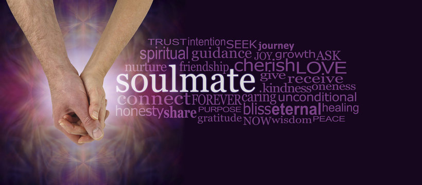 Soulmates Hand in Hand Word Cloud - mature male and female  hands holding with the word SOULMATE surrounded by a relevant word cloud on a pink and purple background
