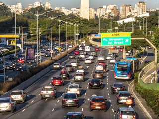 Sao Paulo, SP, Brazil, June 12, 2018. Traffic jam on 23 de Maio avenue, both directions, south of...