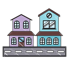 modern houses and street over white background, colorful design. vector illustration
