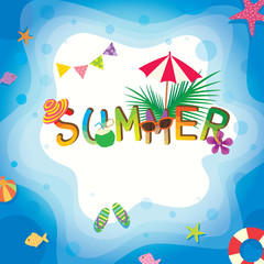 Illustration vector of summer holiday design with typography text on beach and water wave of the sea background.