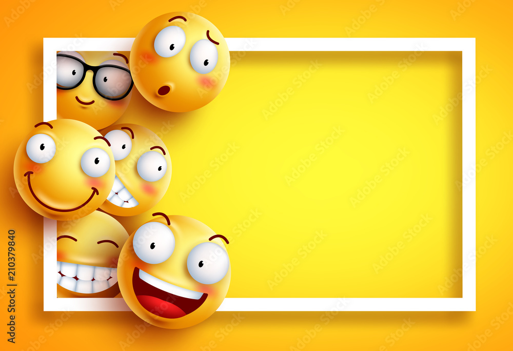 Poster smiley background vector template with yellow funny smileys or emoticons and empty blank space for t