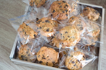 Cookie in plastic wrap packaging.