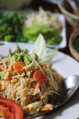 Papaya salad on table,National food of Thailand