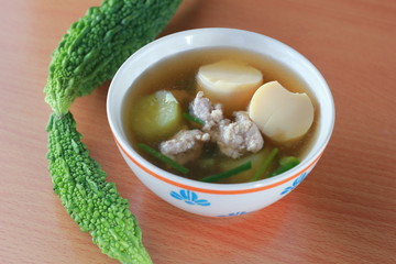 soup with vegetables egg tofu and minced pork