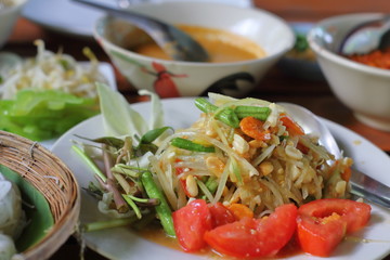 Papaya salad on table,National food of Thailand