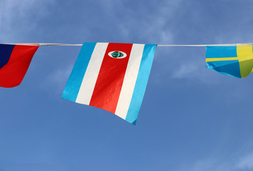 Mini fabric rail flag of Costa Rica in Tricolor red blue and white with National coat of Arms,...