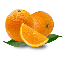 Sliced orange fruit with leaves isolated on white background