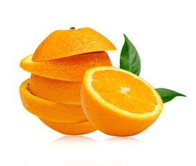 Fototapeta na wymiar Sliced orange fruit with leaves on white background