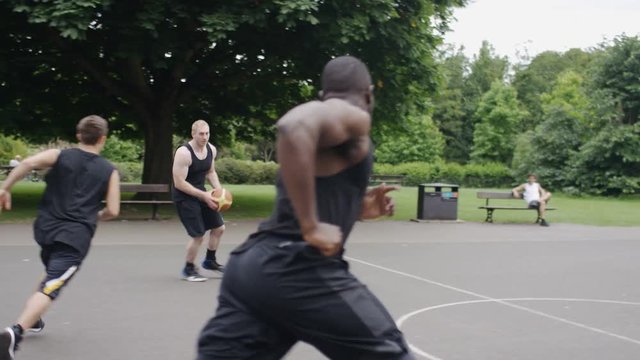 Steadicam shot of basketball players in a 3 man weave, in slow motion 