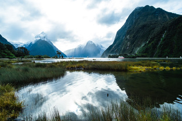 A stunning scene of nature with snow mountain and ford land at Milford Sound, New Zealand.