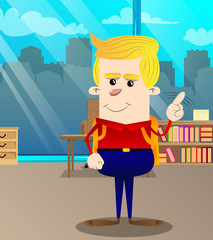 Schoolboy saying no with his finger. Vector cartoon character illustration.