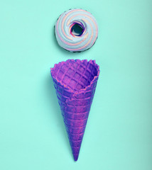 Wafer horn and marshmallow cookies, top view, flat lay, minimalist trend.