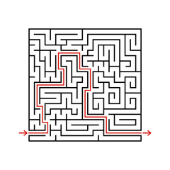 Black square maze with entrance and exit. A game for children and adults. Simple flat vector illustration isolated on white background. With the answer.