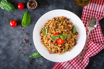 Israeli couscous with beef. Tasty food. Asian meal. Top view. Flat lay.