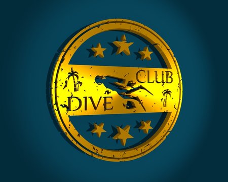 Silhouette of diver. Graphic design of stamp. The concept of sport diving. 3D rendering