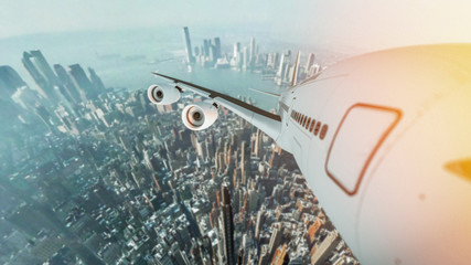 Aircraft flying in the city area.
 3d render and illustration.