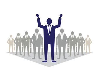 Business man standing with open arms on the background of team business. illustration flat. Business success and leadership