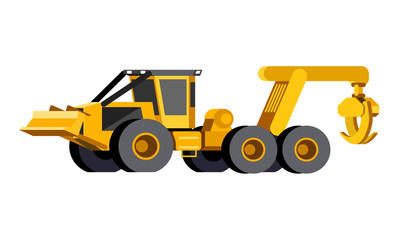 Minimalistic icon wheeled skidder front side view. Grapple skidder vehicle. Modern vector isolated illustration.