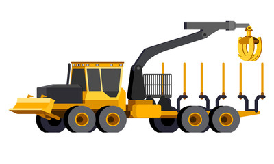 Minimalistic icon log forwarder front side view. Log crane vehicle. Modern vector isolated illustration.