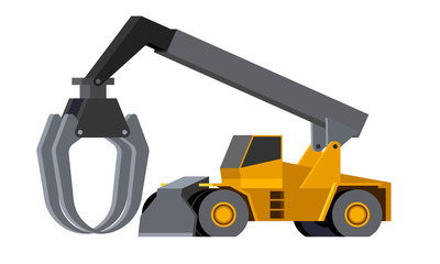 Minimalistic icon log stacker front side view. Heavy weight loader vehicle for working at saw mill or lumber yard. Modern vector isolated illustration.