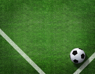 3d rendering of soccer ball with line on soccer field.