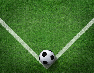 3d rendering of soccer ball with line on soccer field.