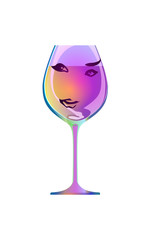 Reflection of a beautiful girl in silhouette glass, sketch goblet. Cartoon character and drink. Isolated of white background. Vector illustration. Cocktail Party