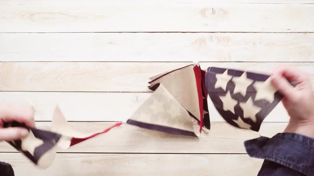 USA banner flag on wood bard surface